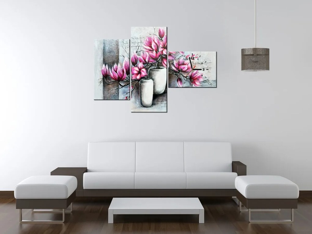 Gario Obraz s hodinami Ružové magnólie vo váze - 3 dielny Rozmery: 90 x 30 cm