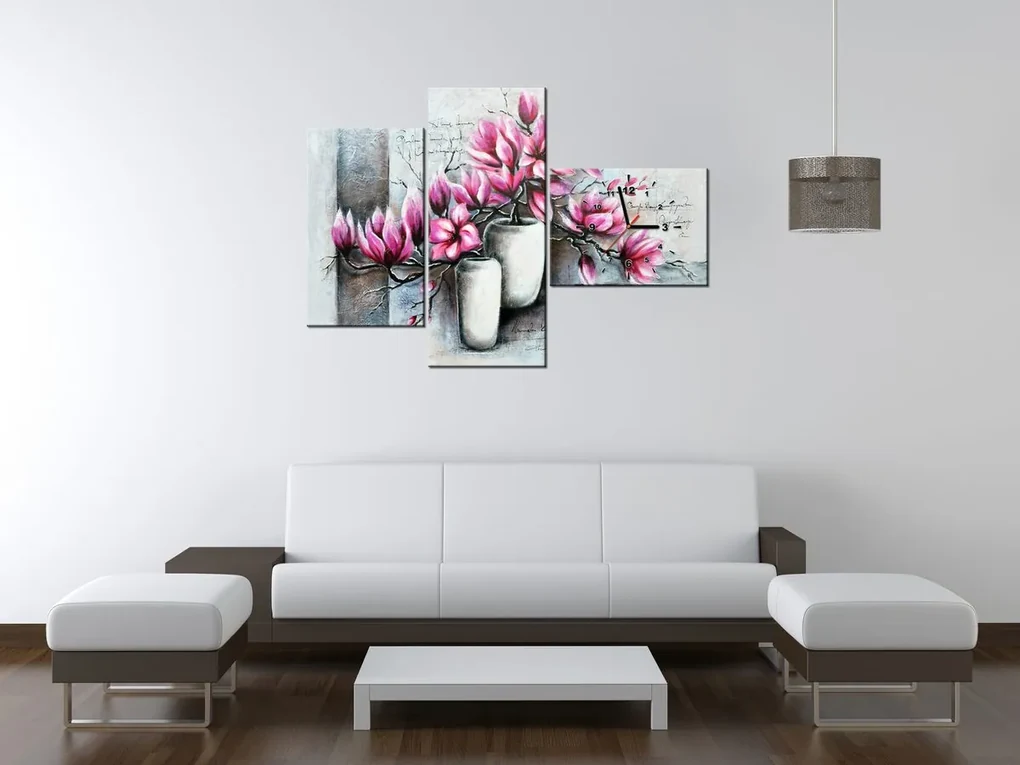 Gario Obraz s hodinami Ružové magnólie vo váze - 3 dielny Rozmery: 90 x 70 cm