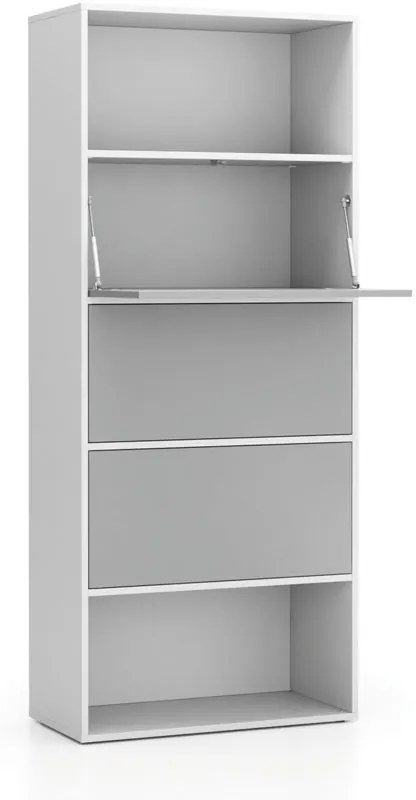 Vysoký kancelársky policový regál LAYERS, 3 boxy, 800 x 400 x 1905, biela / sivá
