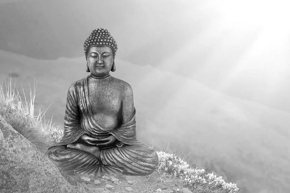 Fototapeta socha Budhu v lone prírody v čiernobielom prevedení