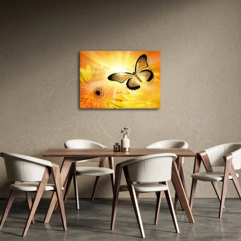 Obraz - Žltý motýľ s kvetom (70x50 cm)
