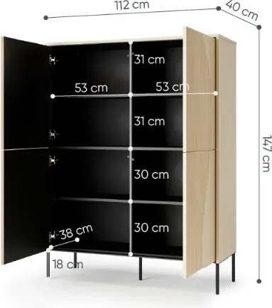 Moderná vysoká komoda NUR 110 cm bielený dub vincenza + čierna