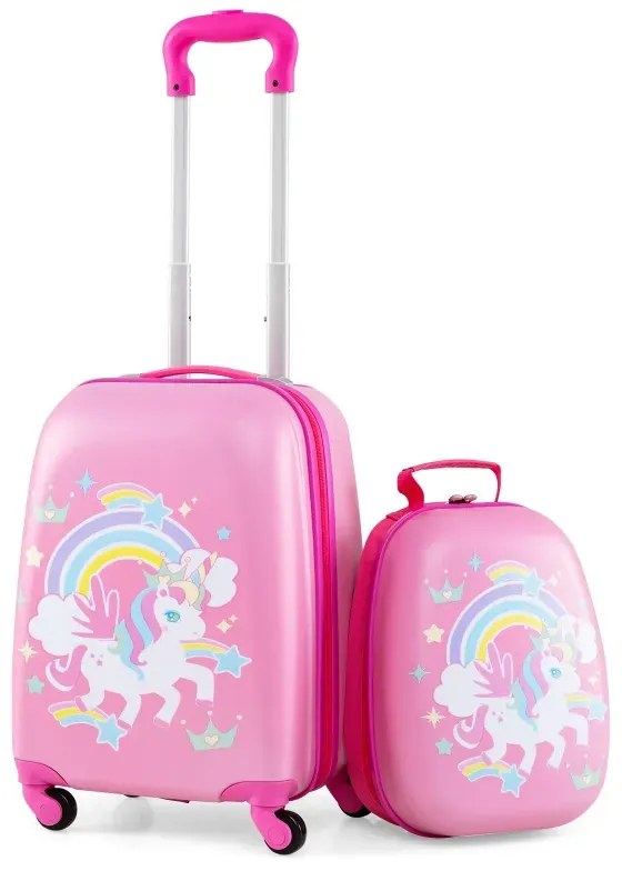 2-dielna sada príručnej batožiny s kolieskami, kufrom s pevnou škrupinou na kolieskach a batohom, Pink Unicorn 12" + 16"