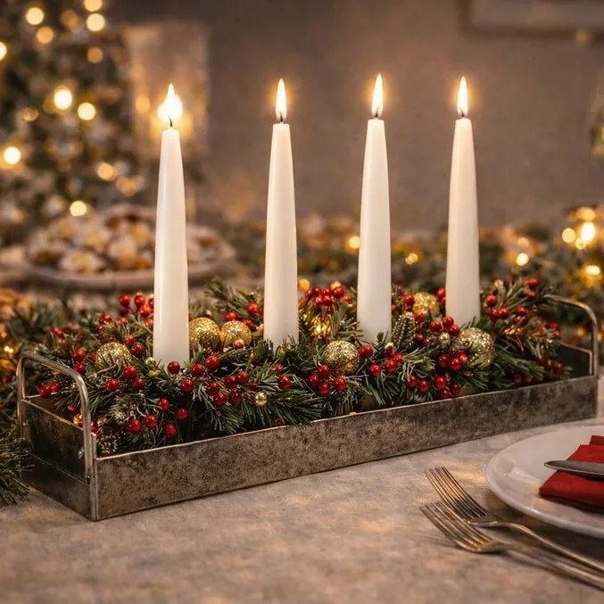 Kovový svietnik na 4 kónické sviečky, obdĺžnik, strieborná