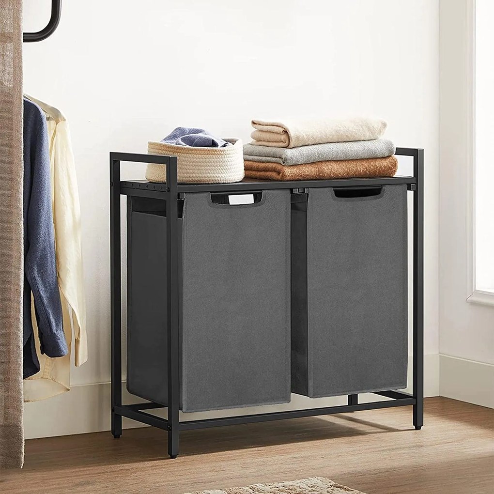 Kôš na bielizeň s 2 priehradkami, kôs na prádlo, 2 x 46 l, sivý