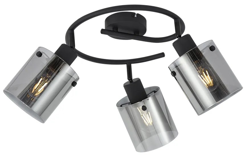 Dizajnový stropný reflektor čierny s dymovým sklom okrúhly s 3 svetlami - Domo