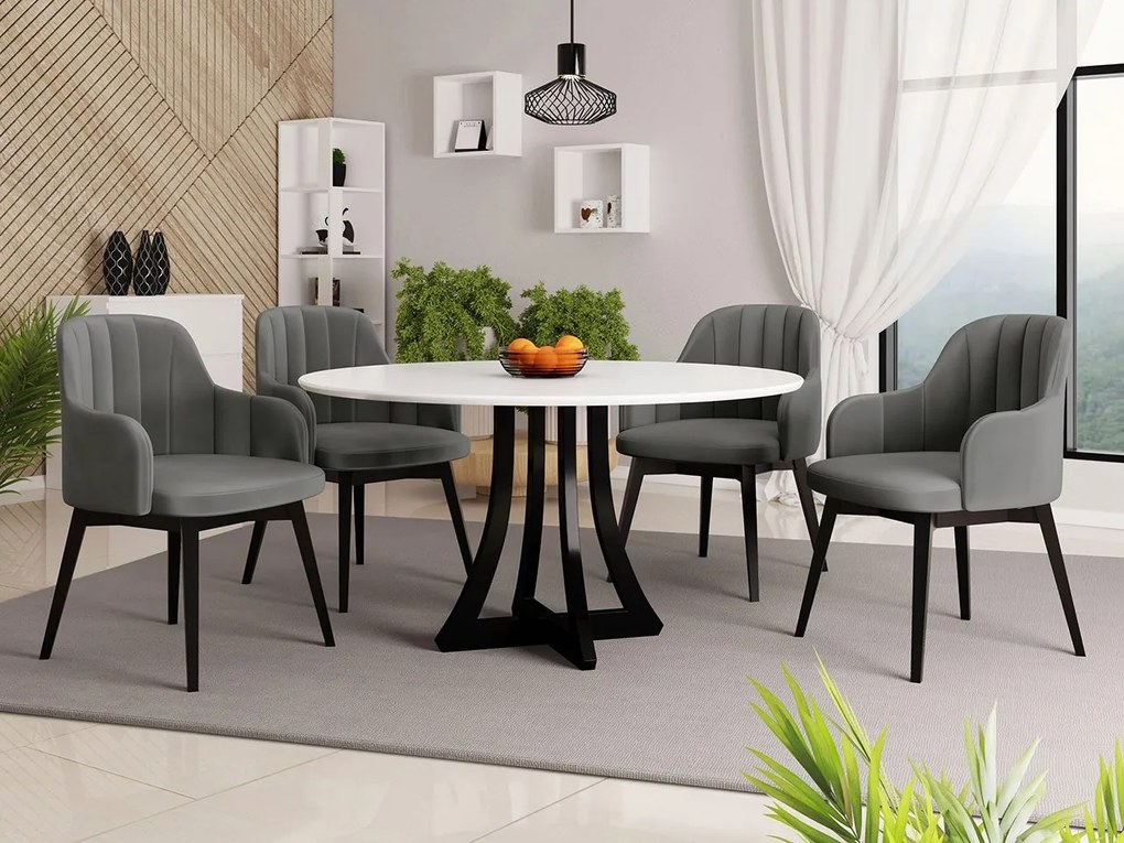 Okrúhly stôl Dagerto FI 120 so 4 stoličkami ST105 05, Farby: biely lesk / čierny lesk, Potah: Magic Velvet 2217