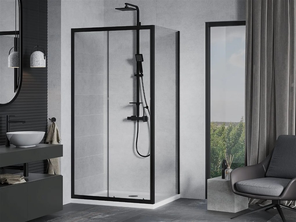 Mexen APIA, sprchový kút s posuvnými dverami 120 (dvere) x 80 (stena) cm, 5mm číre sklo, čierny profil + biela sprchová vanička, 840-120-080-70-00-4010B