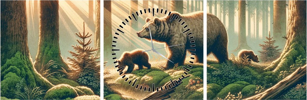 Obraz - Medvede v lese (s hodinami) (90x30 cm)
