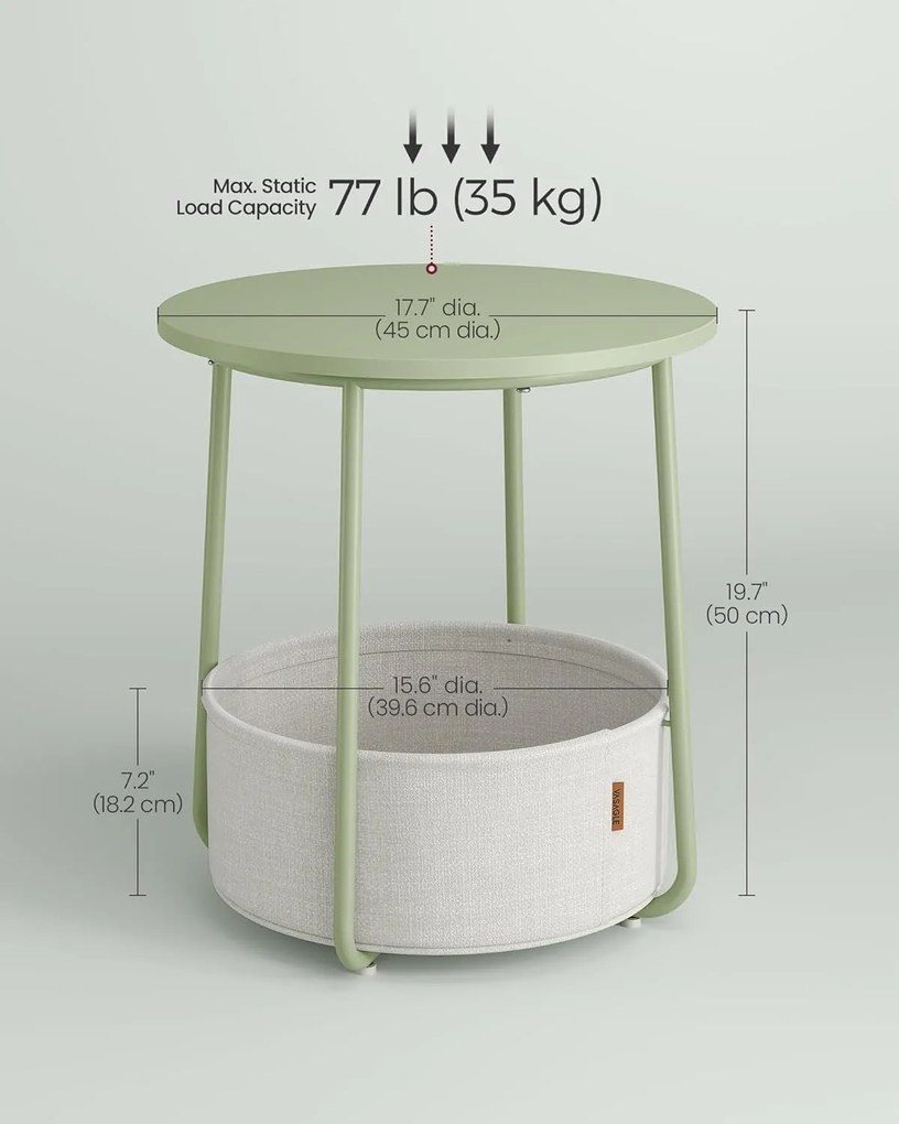 Príručný stolík, okrúhly koncový stolík s textilným košíkom, zelená farba