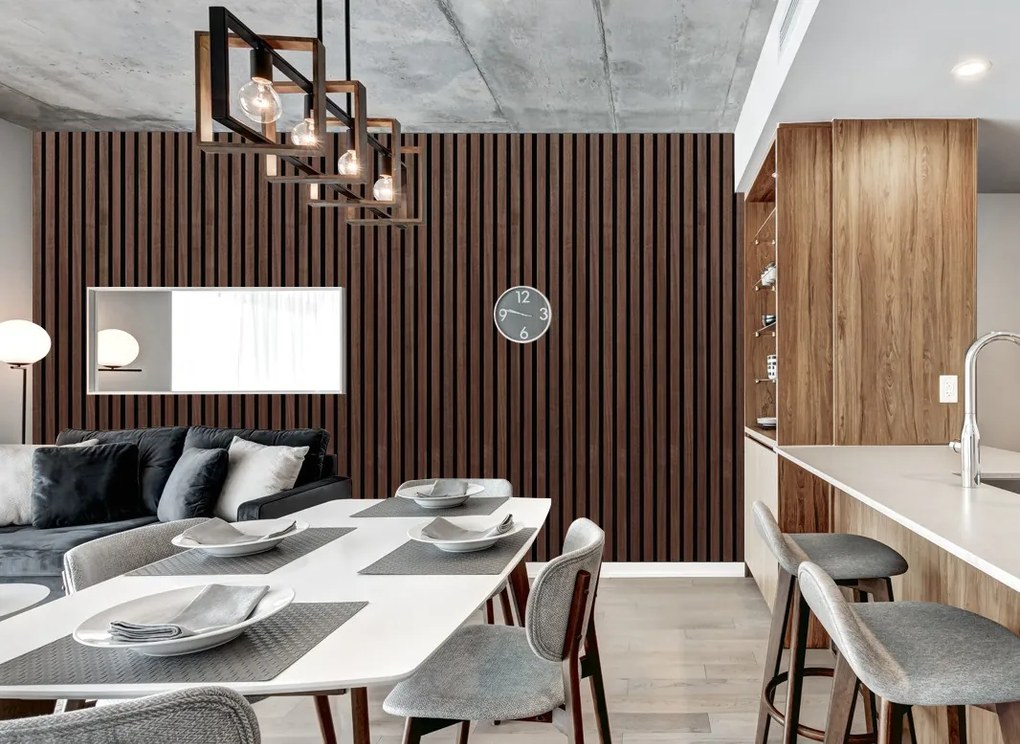 Drevený akustický panel, 2400 x 600 mm, B2BP007, balenie 5 ks, orech