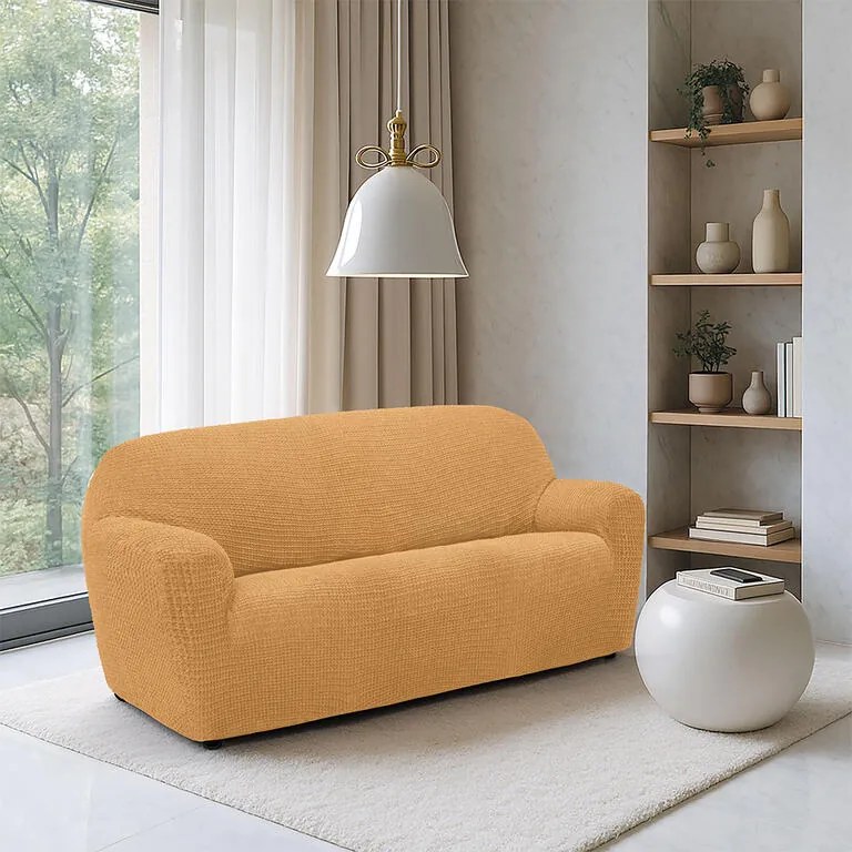 Super strečové poťahy RUBINIA zlatá dvojkreslo (š. 140 - 180 cm)