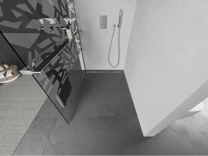 Mexen Kioto+ L, sprchová zástena Walk-In s poličkou a vešiakom 80 x 200 cm, 8mm číre sklo biely vzor, chrómový profil, 800-080-123-01-85