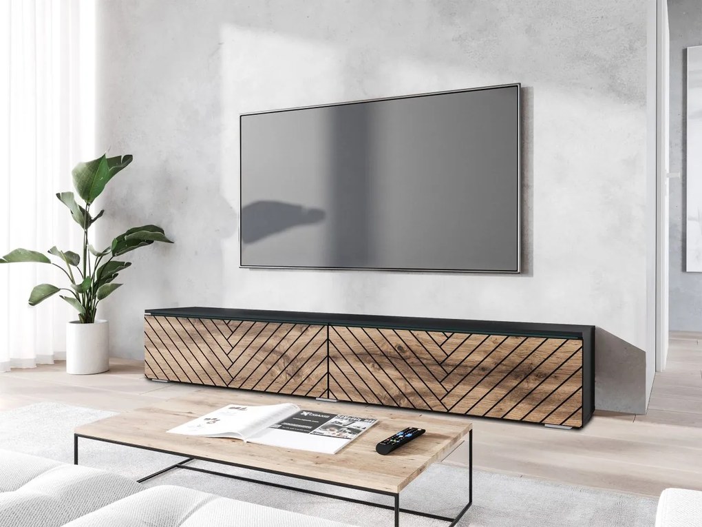 TV stolík/skrinka Dlone 180 MDF, Farby: čierny grafit / dub wotan, Osvetlenie: bez osvetlenia