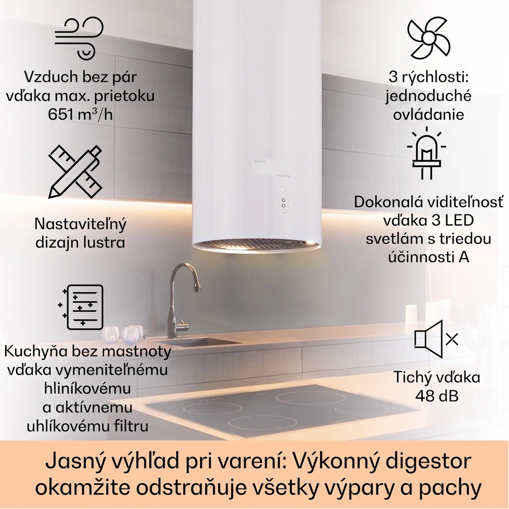 Klarstein Bolea, digestor, 38 cm, ostrovčekový, 651 m³/h, LED, filtre s aktívnym uhlím, nehrdzavejúca oceľ