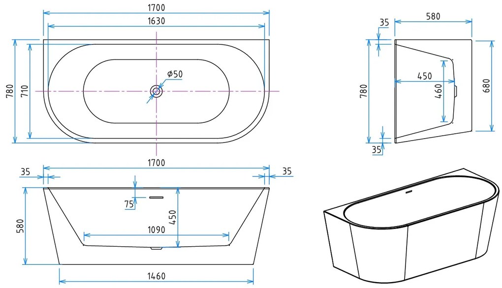 Erga Norah, voľne stojaca vaňa ku stene 170x78 cm + odtoková zátka, biela lesklá, ERG-NORAH-170078-WH-WH