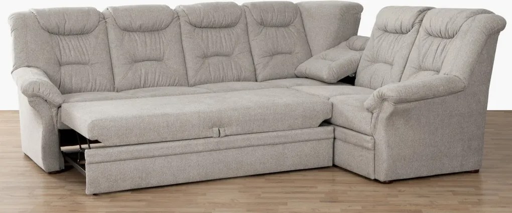 Rohová sedacia súprava Nelson, svetlo šedá látka, pravý roh, s rozkladom