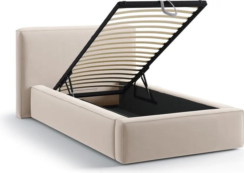 Béžová čalúnená jednolôžková posteľ s úložným priestorom s roštom 90x200 cm Jodie – Micadoni