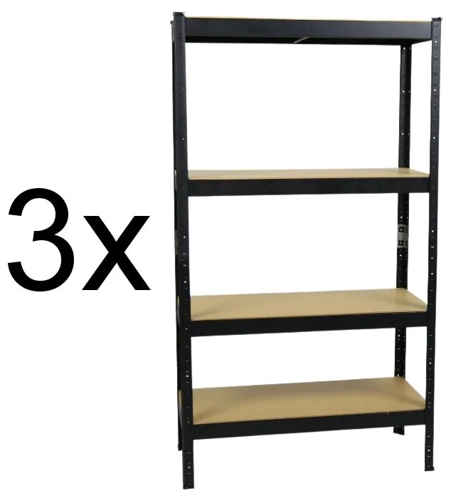 Fistar !!! Akčný balíček: 3x regál 1600x800x400 mm lakovaný 4-policový, nosnosť 700 kg - ČIERNY