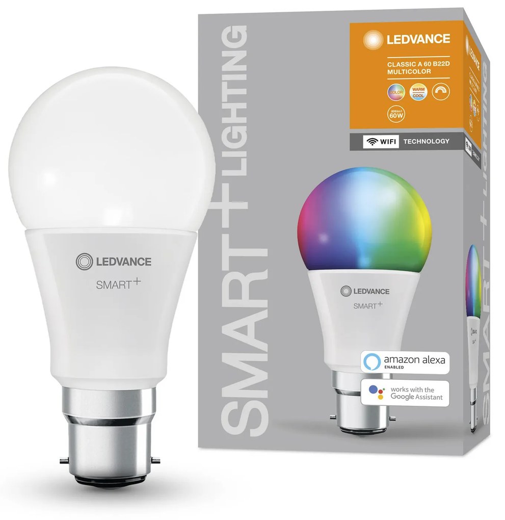 LEDVANCE Inteligentná LED žiarovka SMART+ WIFI, B22d, A60, 9W, 806lm, 2700-6500K, teplá-studená biela, RGB