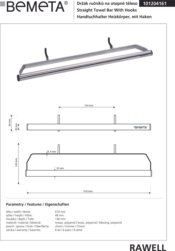 Bemeta Design RAWELL: Držiak uterákov na vykurovacie teleso, 610 mm, lesk - 101204161