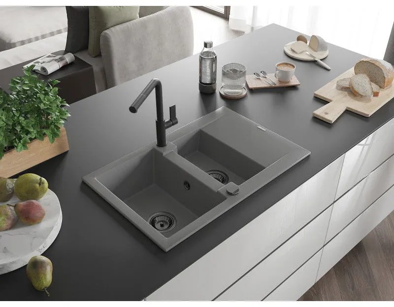 Mexen Gaspar, 1,5-komorový granitový drez 737x475x177 mm a drezová batéria Flora, šedá, 6507-71-670401-70-B
