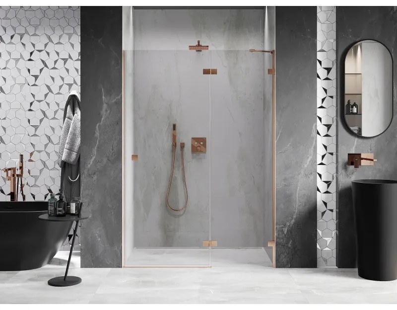 Mexen Lunar, otočné sprchové dvere pravé 130 cm, 8mm číre sklo, medený matný profil, 834-130-000-65-00-P