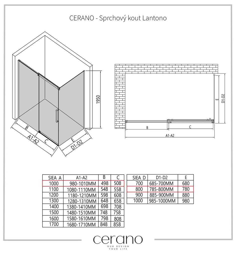 CERANO - Sprchovací kút Lantono L/P - 8 mm - čierna matná, grafitové sklo - 100x80 cm - posuvný, CER-CER-8050BD7512
