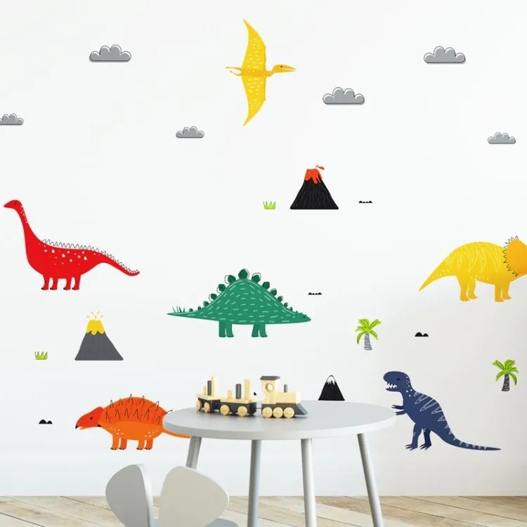 lovel.sk Nálepka na stenu Dino - dinosaury, sopky, oblaky a palmy DK292