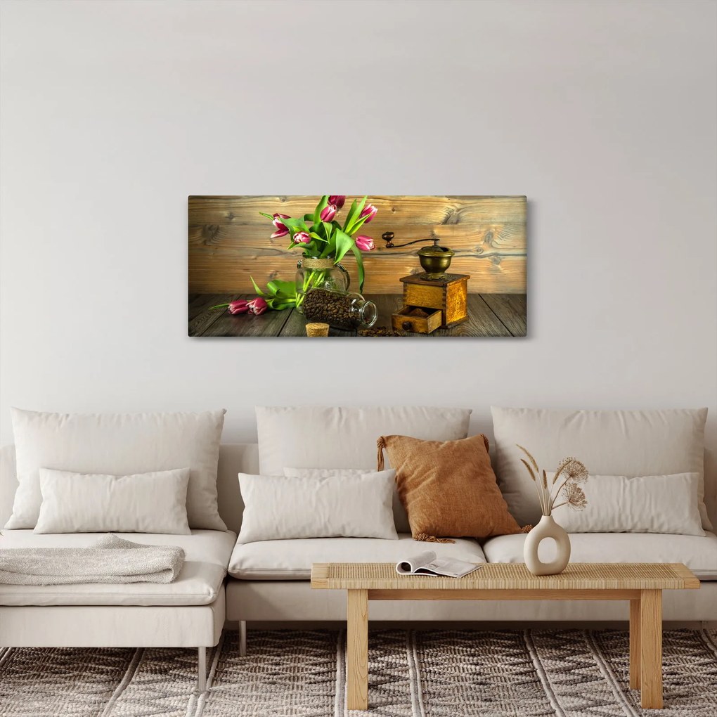 Obraz - tulipány, mlynček a káva (120x50 cm)