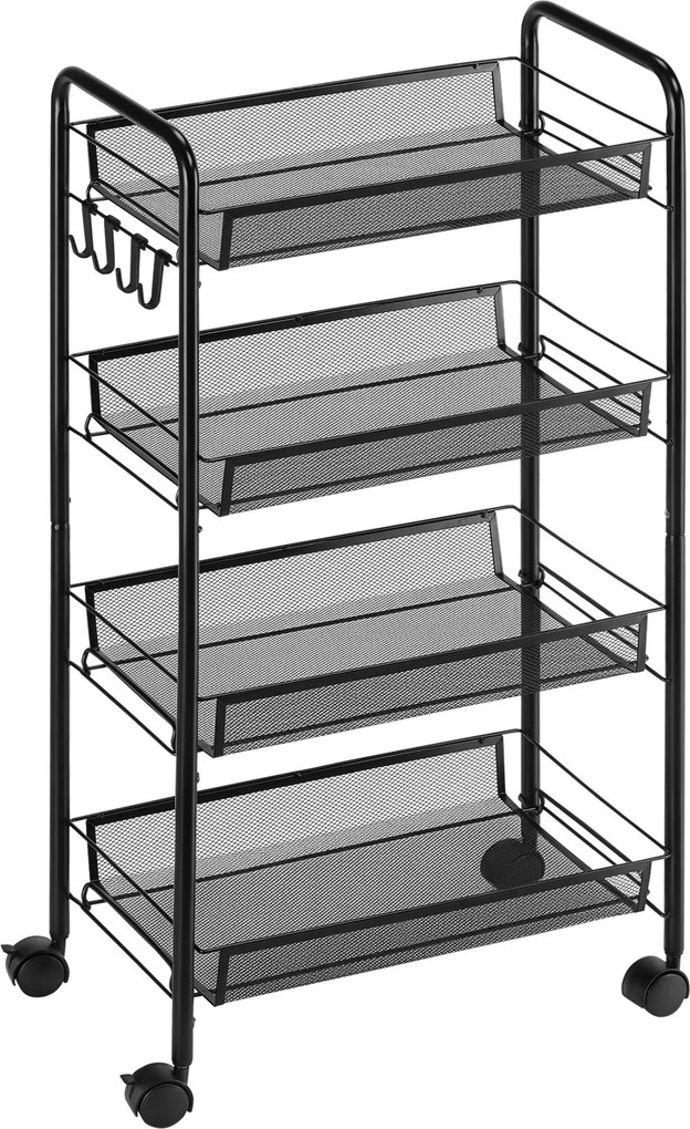HOMCOM Serving Cart s 4 Úrovňami - Kuchynský Vozík s Odnímateľnými Košíkmi, Držadlom a Kolieskami pre Kuchyňu, Kanceláriu, Kúpeľňu, Oceľ, Čierny | Aos