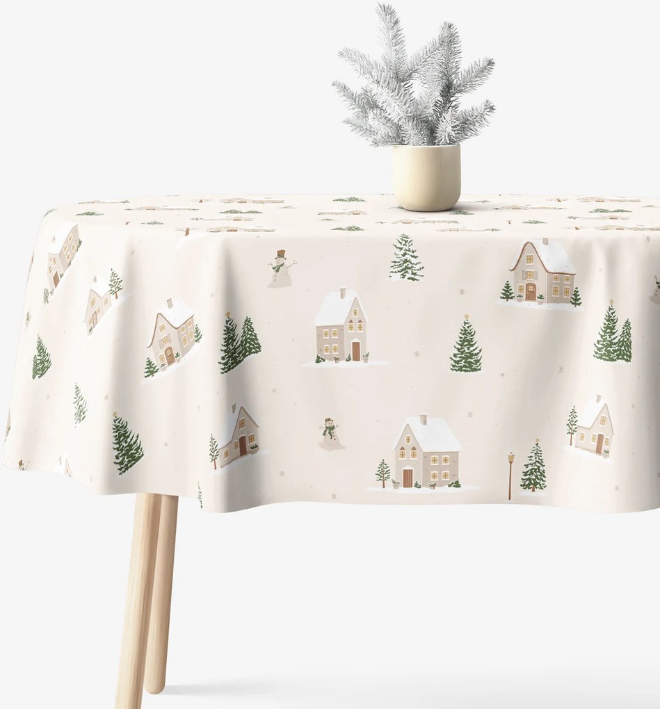 Goldea vianočný oválny obrus 100% bavlnené plátno - zasnežená dedinka 140 x 240 cm