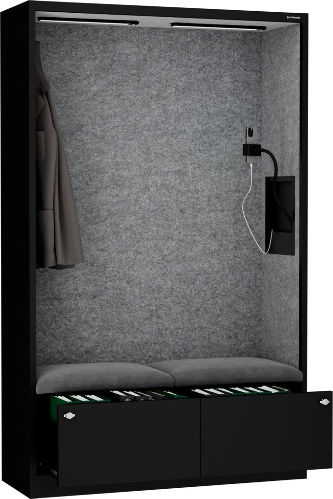 Kancelárska akustická kabína so sedadlom a portom USB-C, telo v čierny / sedák sivá v zelenej farbe, 1150 mm: SALLY MentalBox