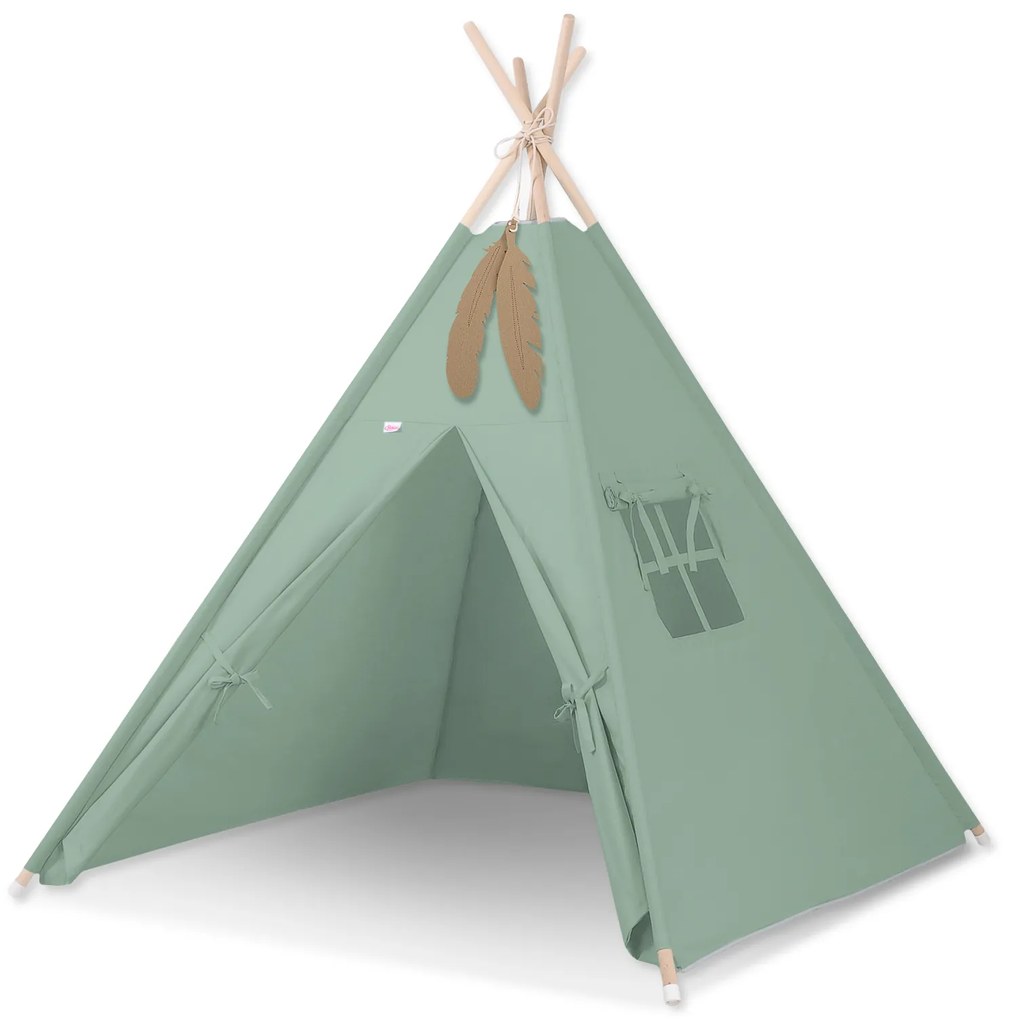 Bobono Stan Teepee pre deti + ozdobné perie - pastelovo zelená