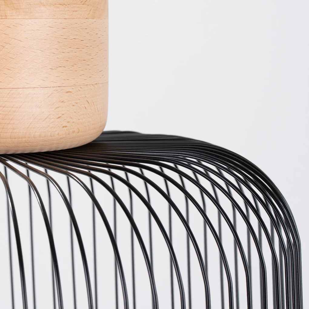 Závesné svietidlo Gabbia, 1x čierne drôtené tienidlo, drevo, (fi 35cm)