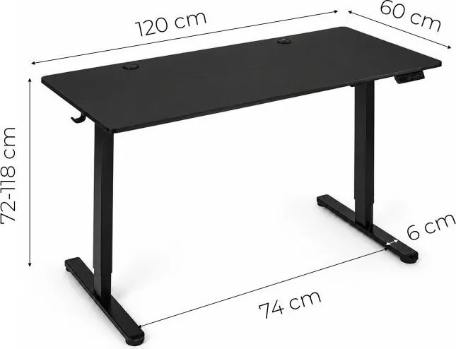 Elektrický písací stôl 120x60 cm, výškovo nastaviteľný, 72-118 cm, čierny,