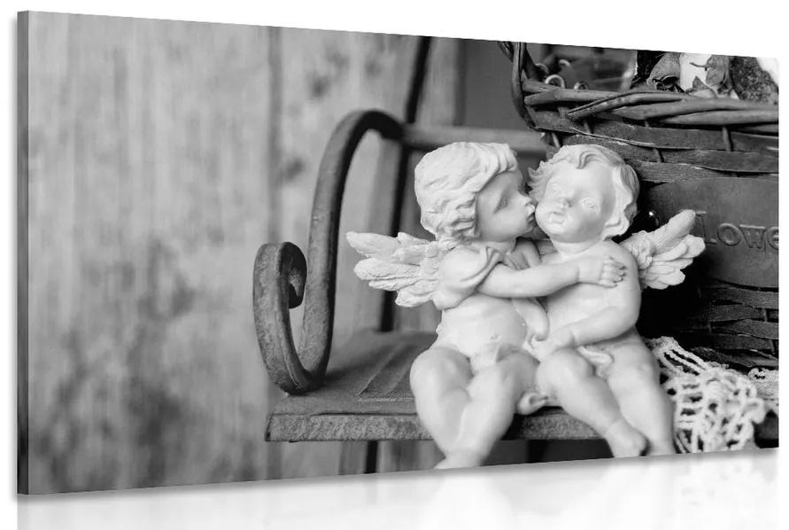Obraz sošky anjelikov na lavičke v čiernobielom prevedení Varianta: 120x80
