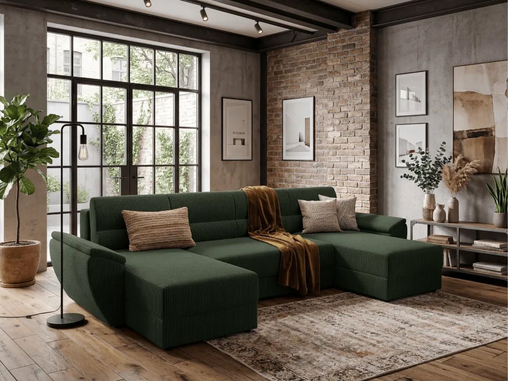 Rozkladacia sedacia súprava do U TAVERO 321x140 cm, tmavozelená