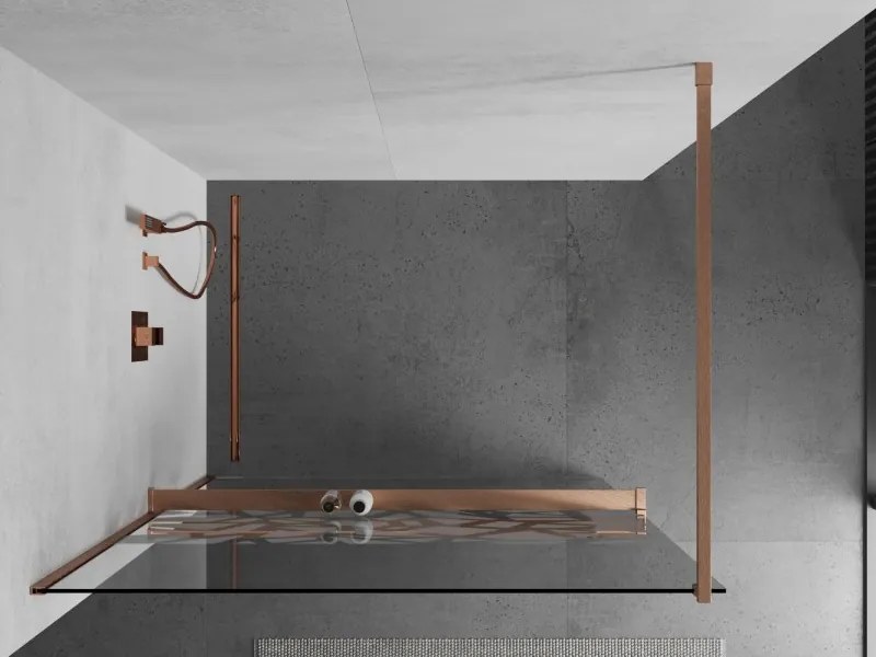 Mexen Kioto+, sprchová zástena Walk-In s poličkou a vešiakom 100 x 200 cm, 8mm číre sklo biely vzor, medený matný profil, 800-100-121-65-85