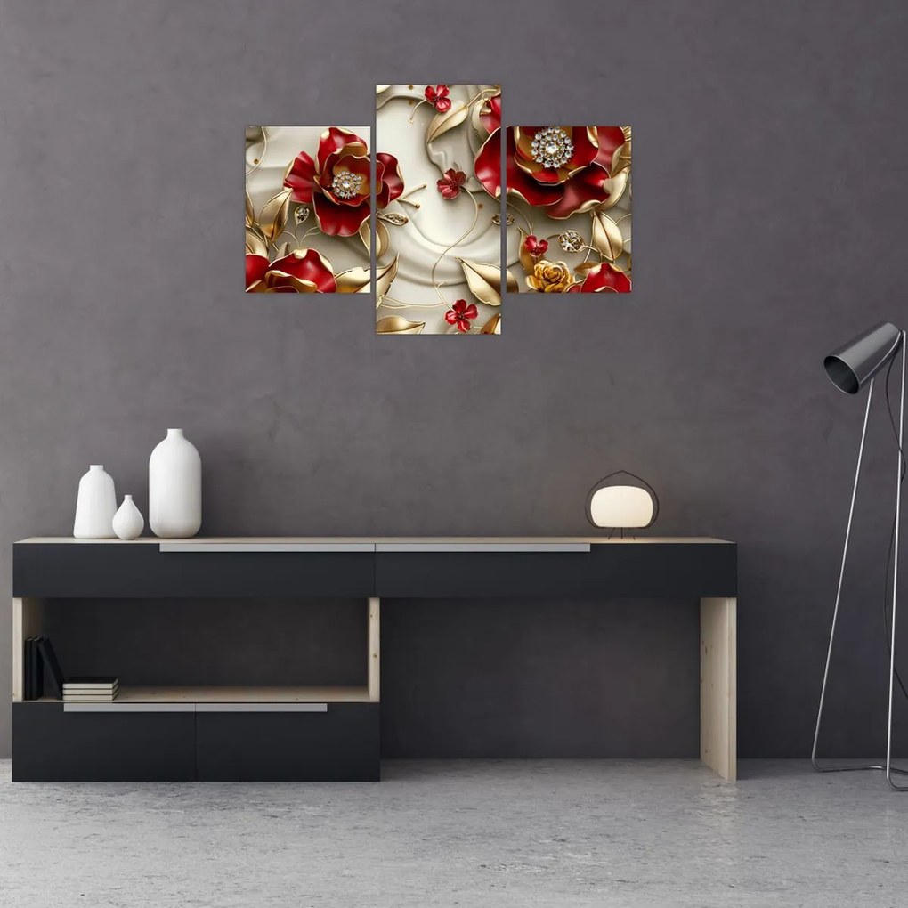 Obraz - 3D Červeno-zlaté kvety (90x60 cm)
