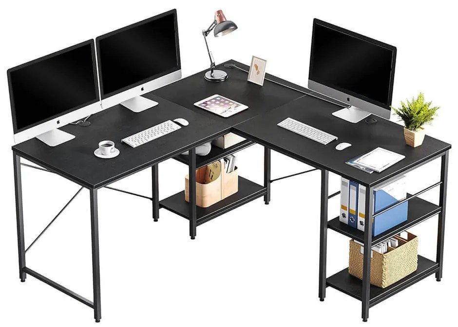 Rohový písací stôl s poličkami, čierny, s možnosťou prestavby