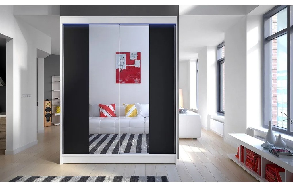 Skriňa s posuvnými dverami Belgia II, Farby: čierna / čierna + zrkadlo, Osvetlenie: osvetlenie LED RGB - farebné