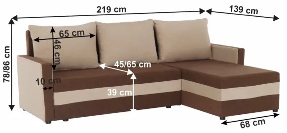Čalúnená univerzálna rozkladacia rohová sedacia súprava BRISTOL v tvare L hnedá/béžová