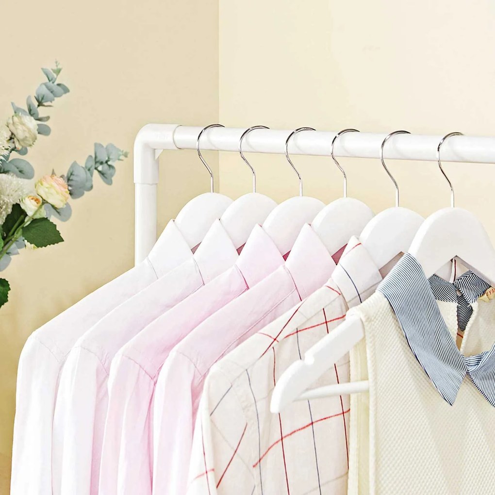 Kovový stojan na oblečenie s policou a dvojitou tyčou, biely