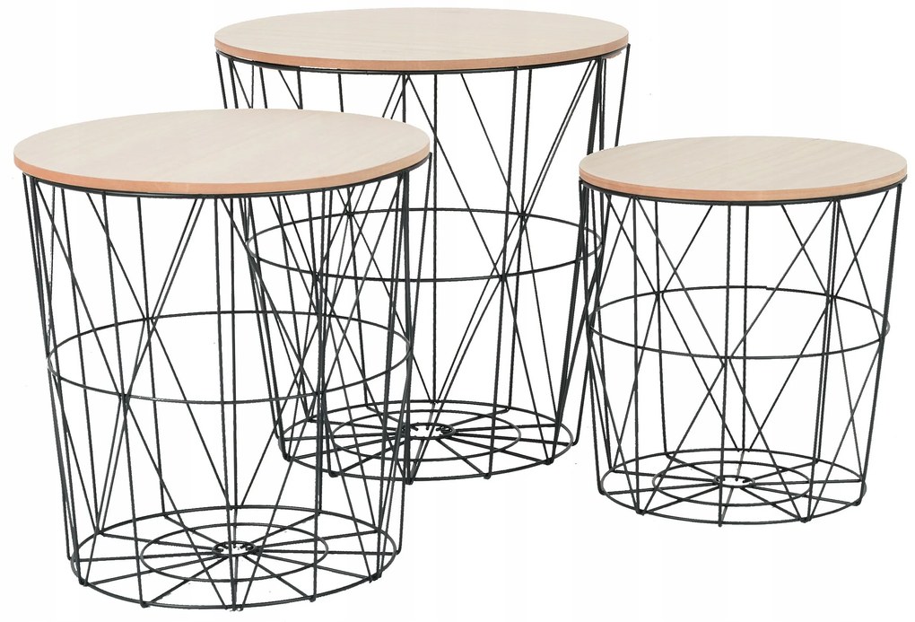 Tutumi Twins Round, sada troch drôtených okrúhlych kávových stolov SG1710-23, dub sonoma-čierna, KRZ-08533
