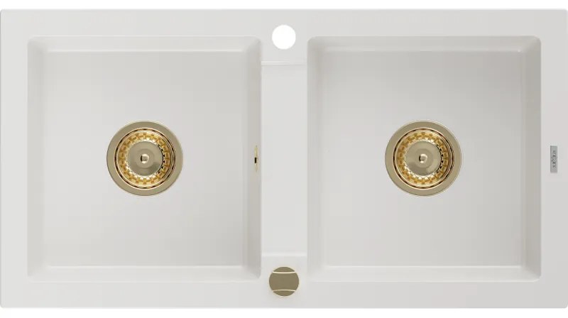 Mexen Mario, granitový drez 820x436x161 mm, 2-komorový, biela so zlatým sifónom, 6504822000-20-G