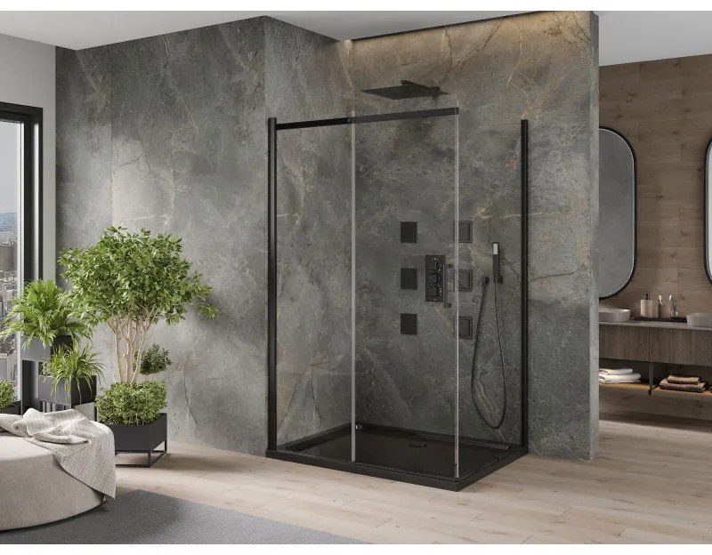 Mexen Omega, sprchovací kút s posuvnými dverami 100 (dvere) x 80 (stena) cm, 8mm číre sklo, čierny profil + slim sprchová vanička čierna s čiernym sifónom, 825-100-080-70-00-4070B