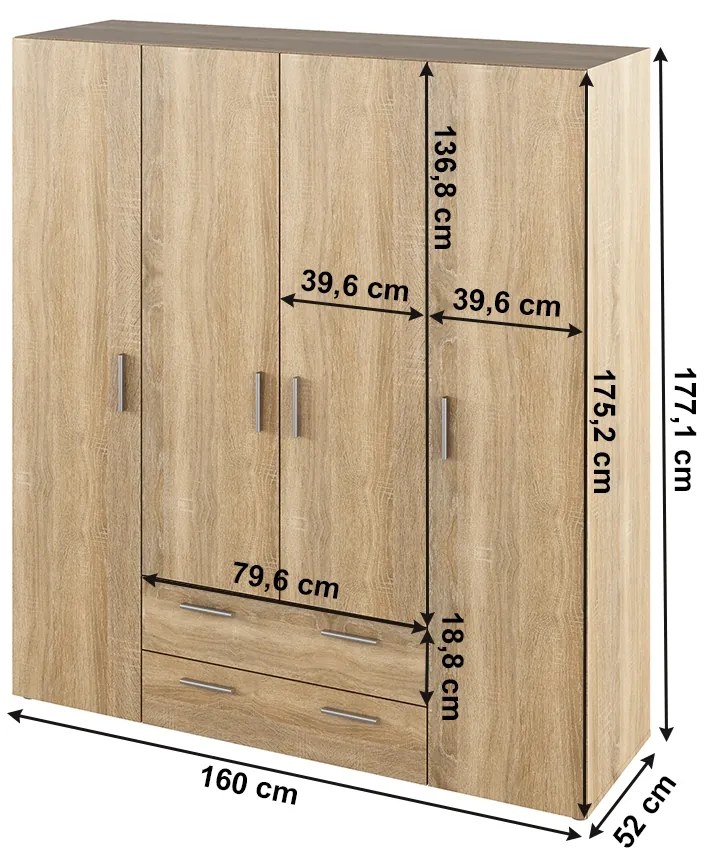 Štvordverová šatníková skriňa so zásuvkami Korny - dub sonoma