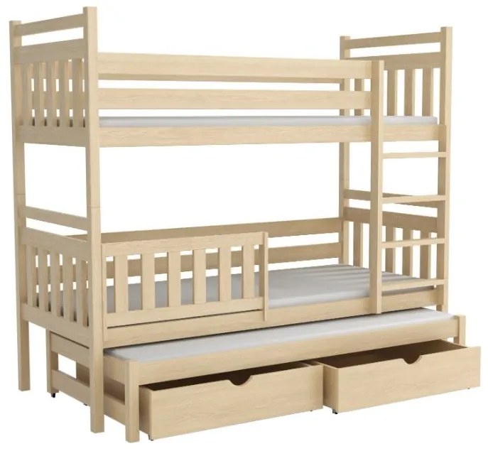 Detská poschodová posteľ z masívu borovice PETR s prístelkou a šuplíky - 200x90 cm - PRÍRODNÁ BOROVICA