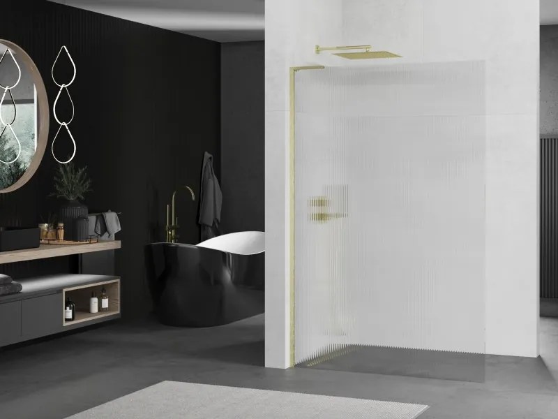 Mexen Kioto L, sprchová zástena Walk-In 90 x 200 cm, 8mm sklo s rebrovým vzorom, zlatý matný profil, 800-090-103-55-09